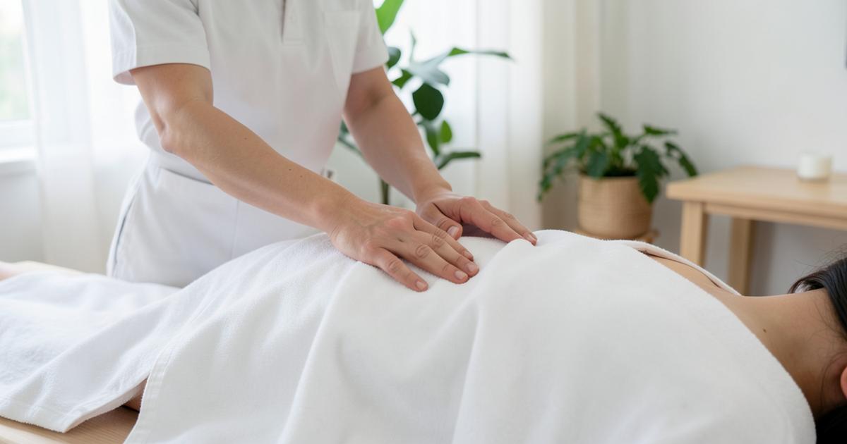 Les mains d’une praticienne réalisent un massage bien-être du dos dans une pièce lumineuse, avec la personne couverte d’un linge blanc.