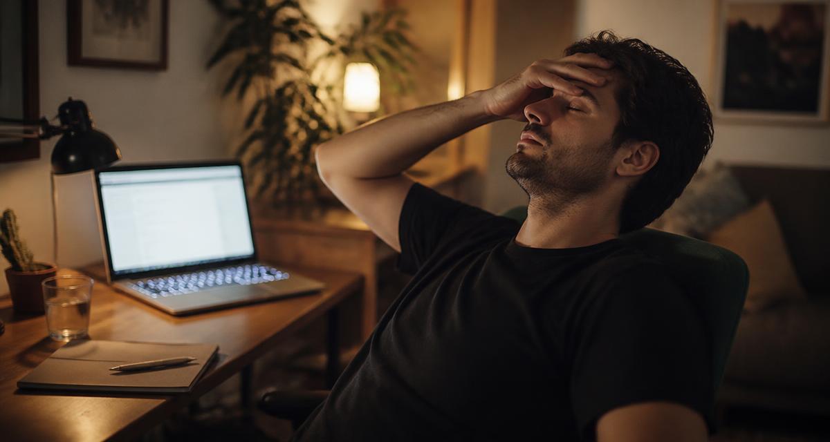 Une personne fatiguée à son bureau à la maison, en fin de journée