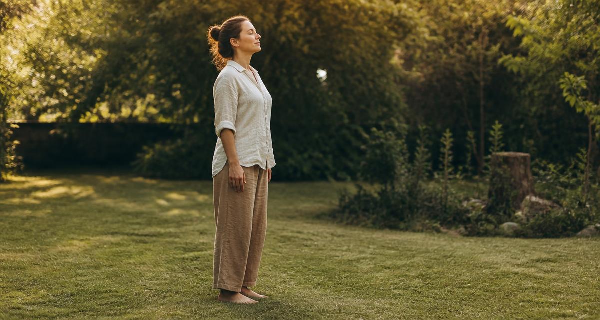 Une personne respire profondément, pieds nus dans l'herbe d'un jardin baigné de lumière douce.