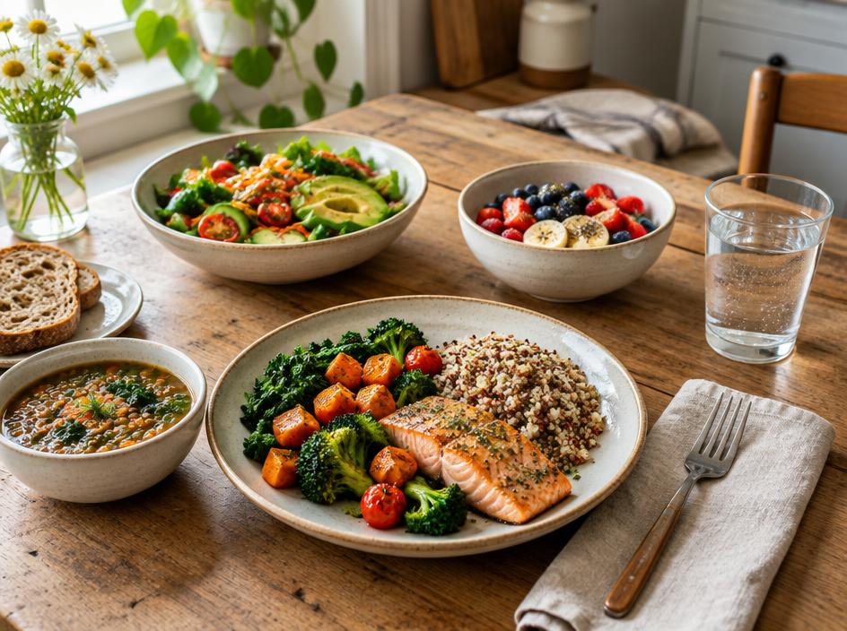Une table de repas simples et variés avec des légumes, des céréales et des fruits