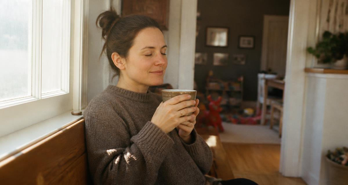 Un parent souffle un instant avec une tasse de thé, près d'une fenêtre